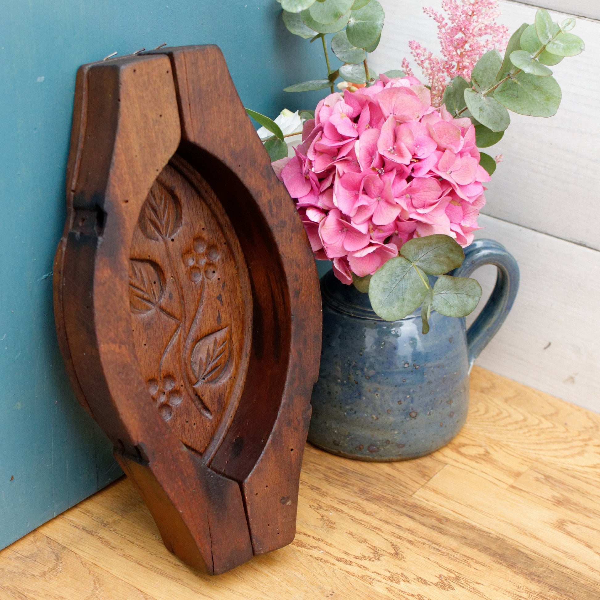 French Antique Wooden Hand-Carved Butter Mold (Mould) Stamp Leave Design Decor