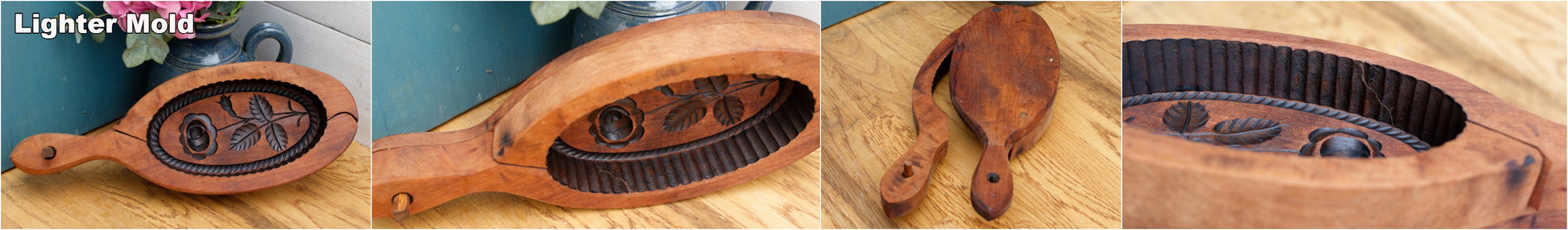 French Antique Wooden Hand-Carved Butter Mold (Mould) Stamp Leave Flower Design