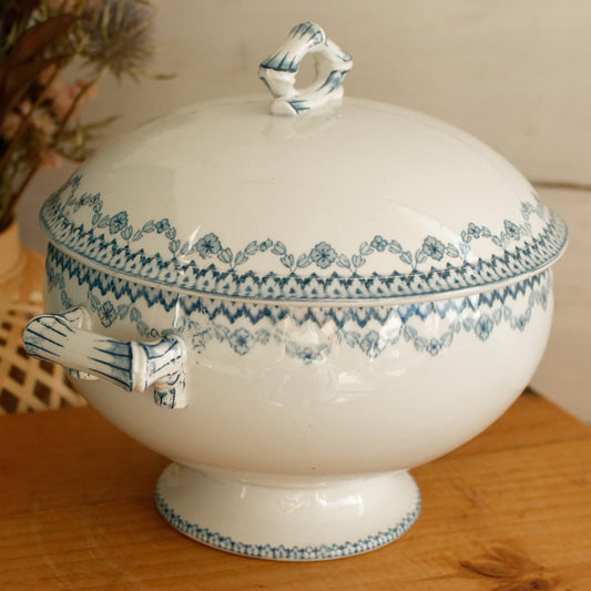 ARRAS Sarreguemines U&C French Antique Ironstone Blue Transferware Small Soup Tureen Soupiere Terre de Fer Faience