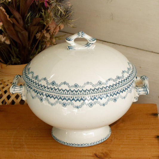 ARRAS Sarreguemines U&C French Antique Ironstone Blue Transferware Small Soup Tureen Soupiere Terre de Fer Faience