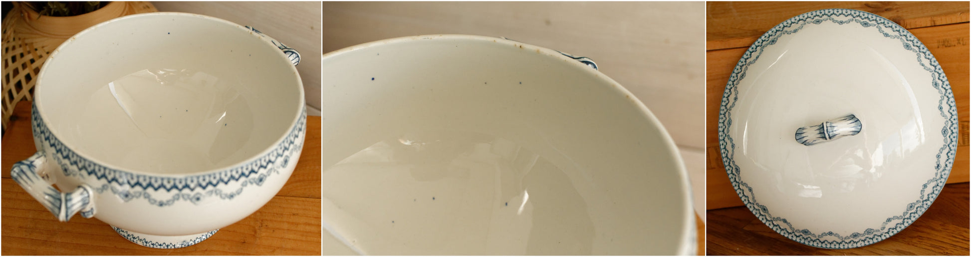 ARRAS Sarreguemines U&C French Antique Ironstone Blue Transferware Small Soup Tureen Soupiere Terre de Fer Faience