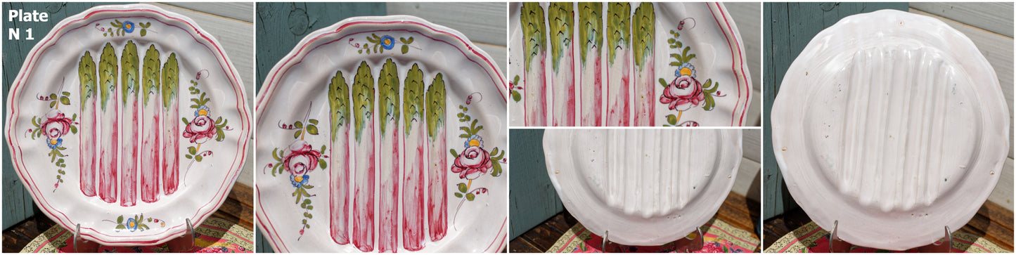 French Asparagus Plate Barbotine Majolica Hand-Painted Embossed Ironstone Earthware