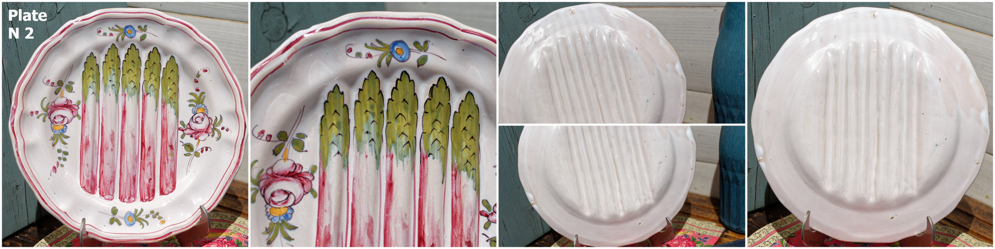 French Asparagus Plate Barbotine Majolica Hand-Painted Embossed Ironstone Earthware