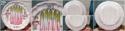 French Asparagus Plate Barbotine Majolica Hand-Painted Embossed Ironstone Earthware