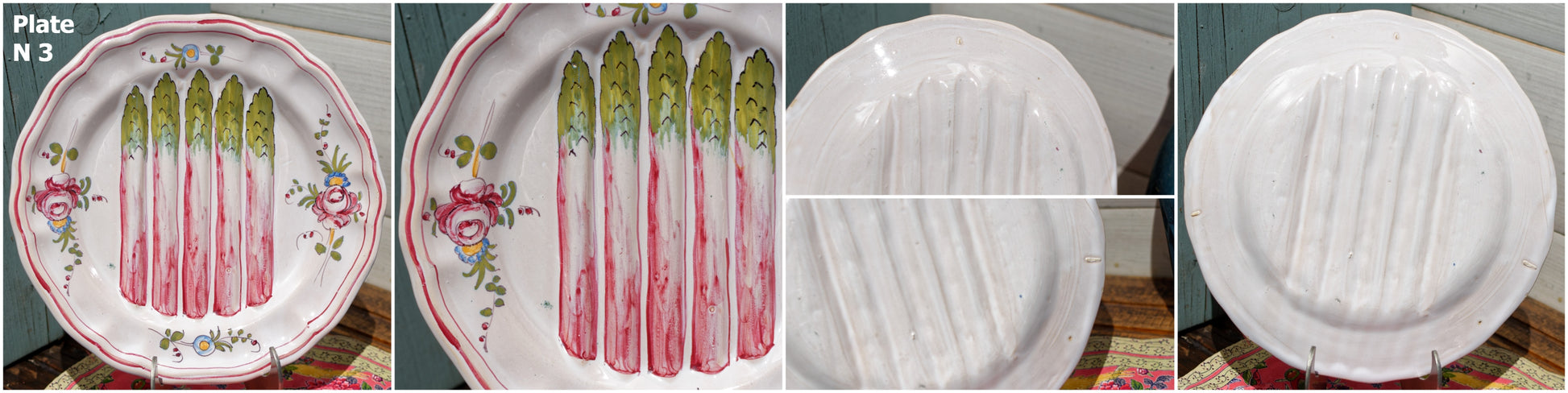 French Asparagus Plate Barbotine Majolica Hand-Painted Embossed Ironstone Earthware