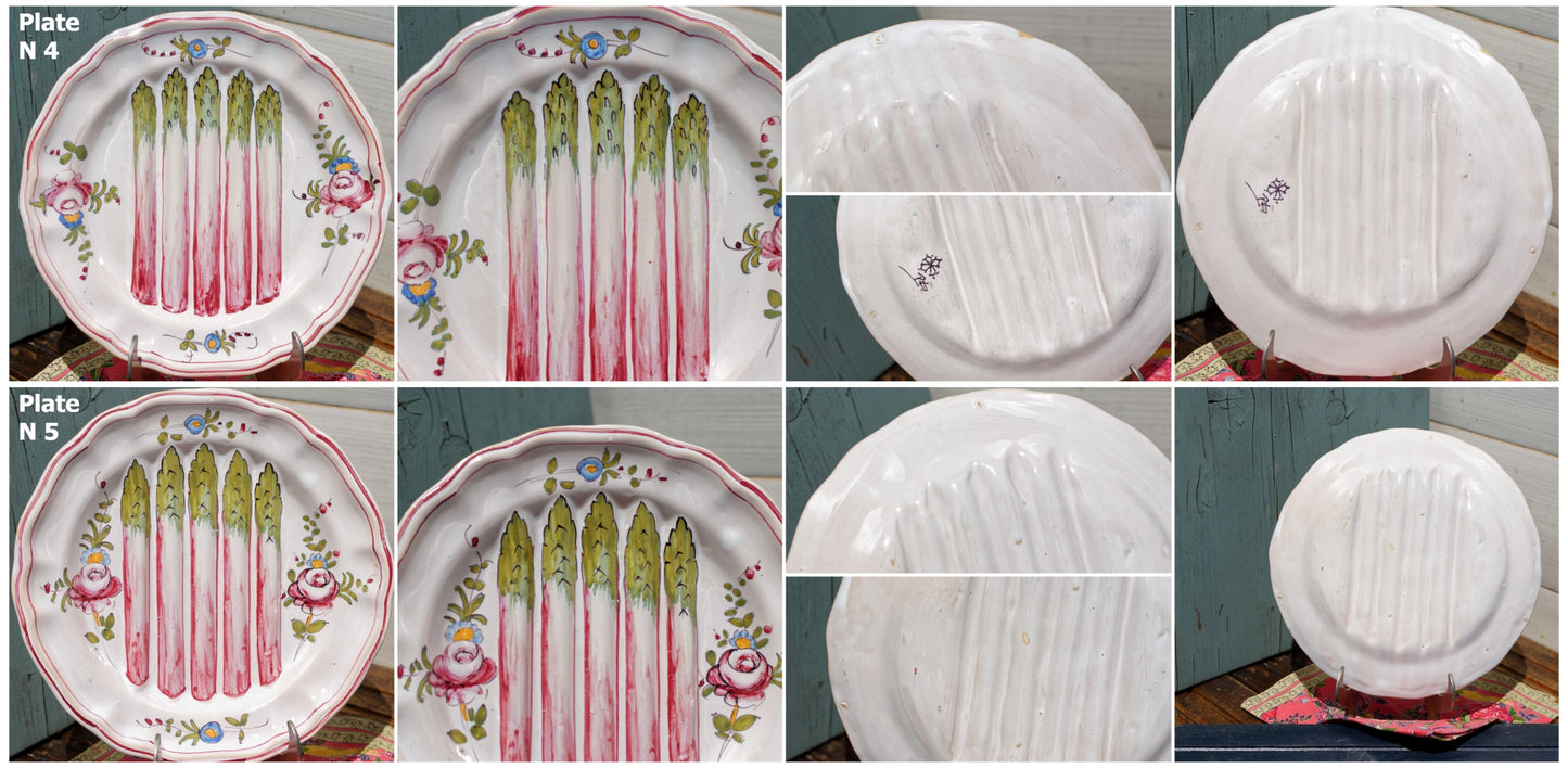 French Asparagus Plate Barbotine Majolica Hand-Painted Embossed Ironstone Earthware