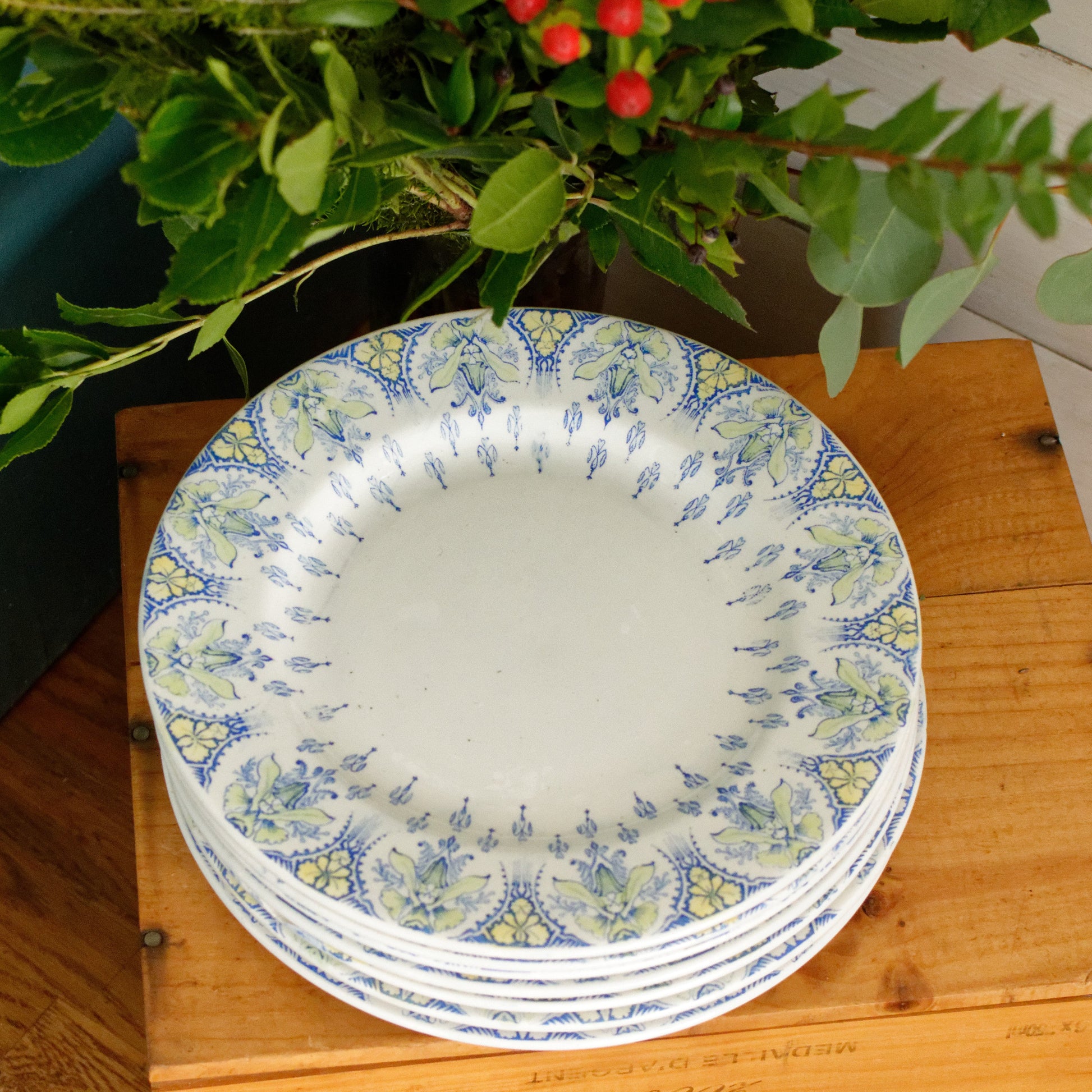 BAYARD K&G (Keller et Guérin) Lunéville French Antique Ironstone Blue Green Yellow Transfereware Dinner Plate Terre de Fer en Faience