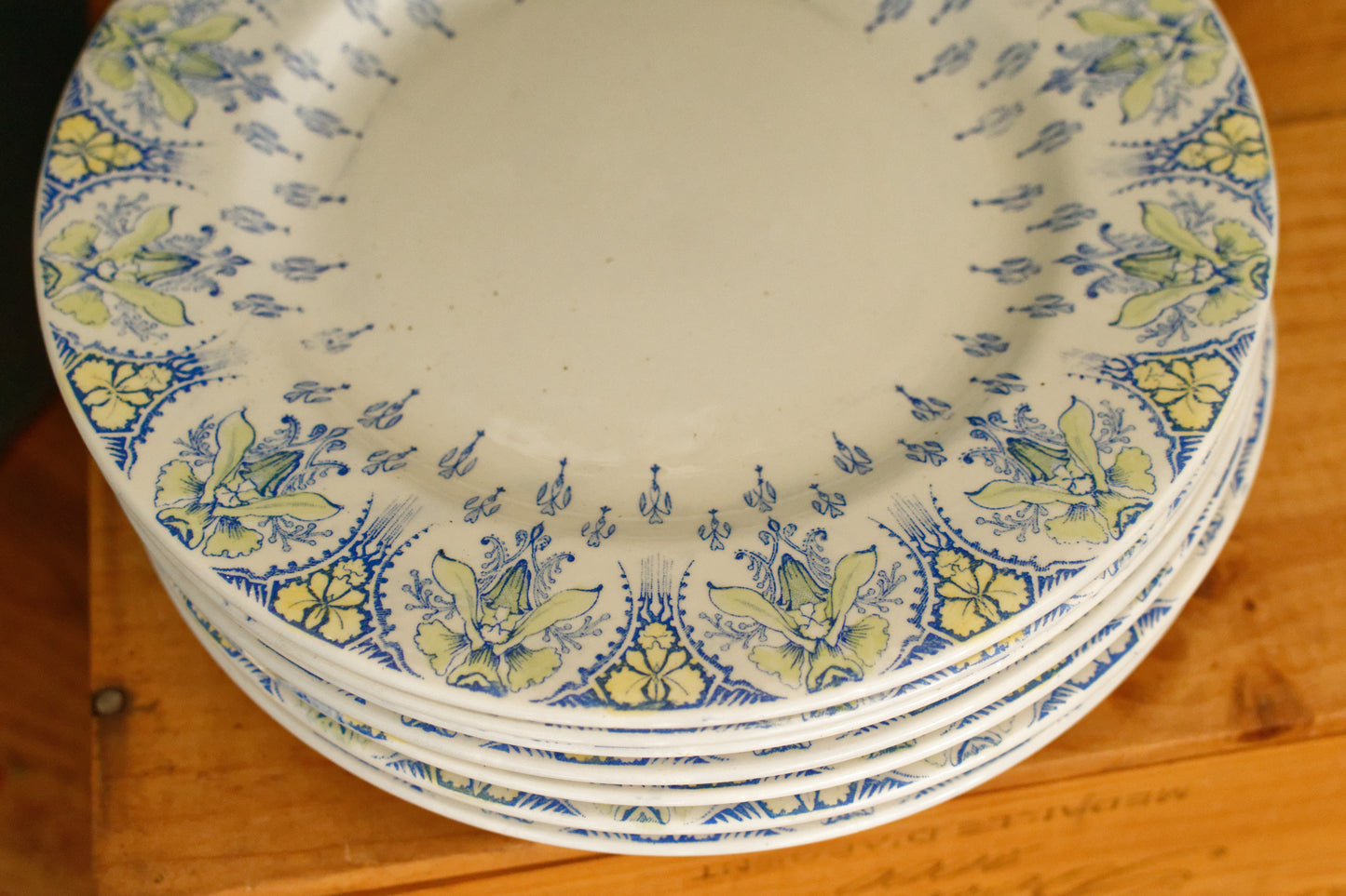 BAYARD K&G (Keller et Guérin) Lunéville French Antique Ironstone Blue Green Yellow Transfereware Dinner Plate Terre de Fer en Faience