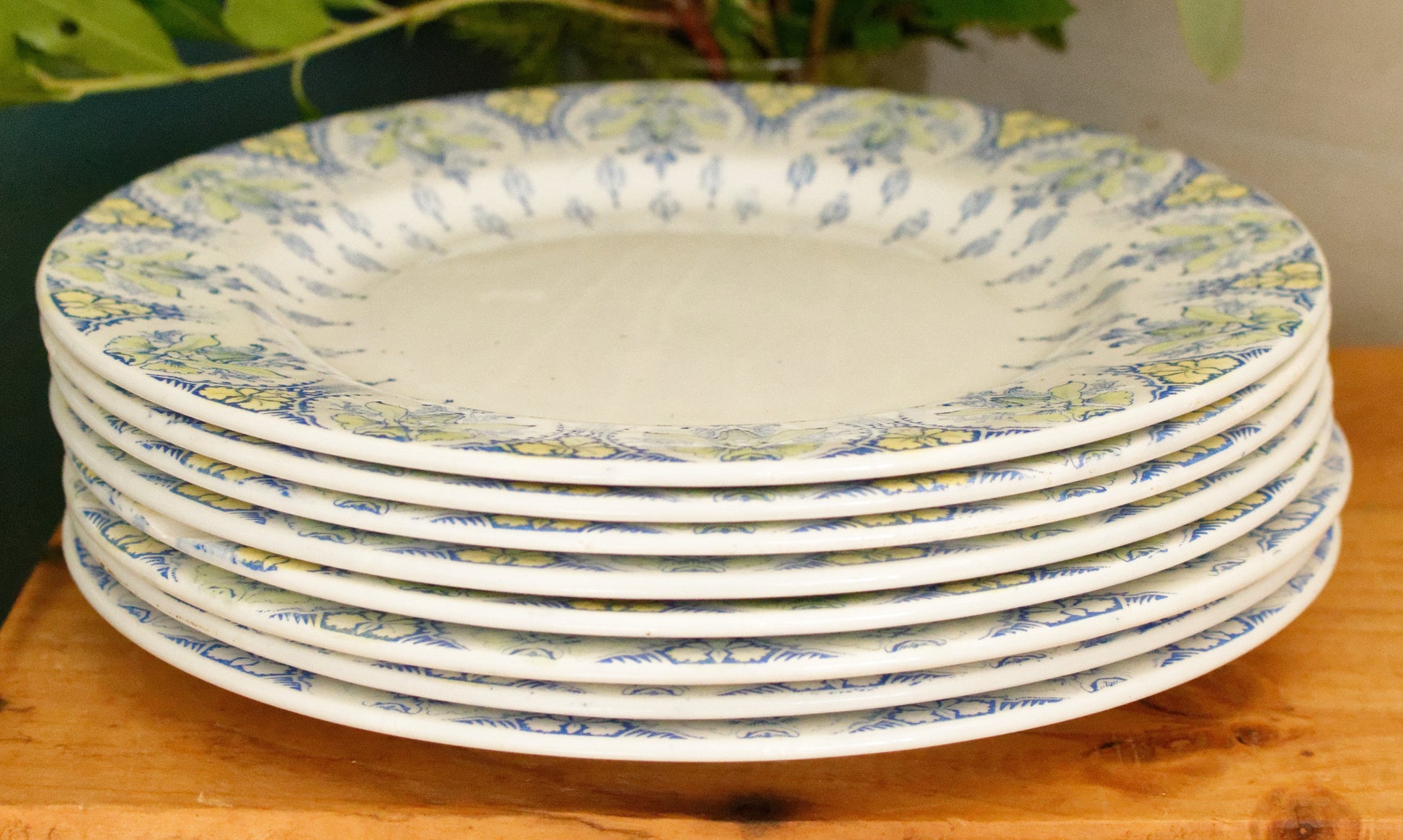 BAYARD K&G (Keller et Guérin) Lunéville French Antique Ironstone Blue Green Yellow Transfereware Dinner Plate Terre de Fer en Faience