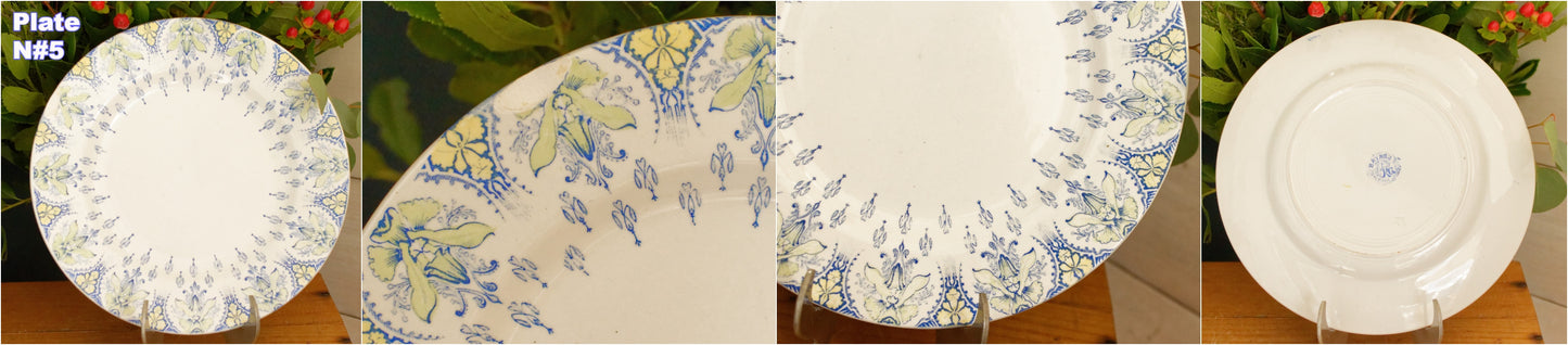 BAYARD K&G (Keller et Guérin) Lunéville French Antique Ironstone Blue Green Yellow Transfereware Dinner Plate Terre de Fer en Faience