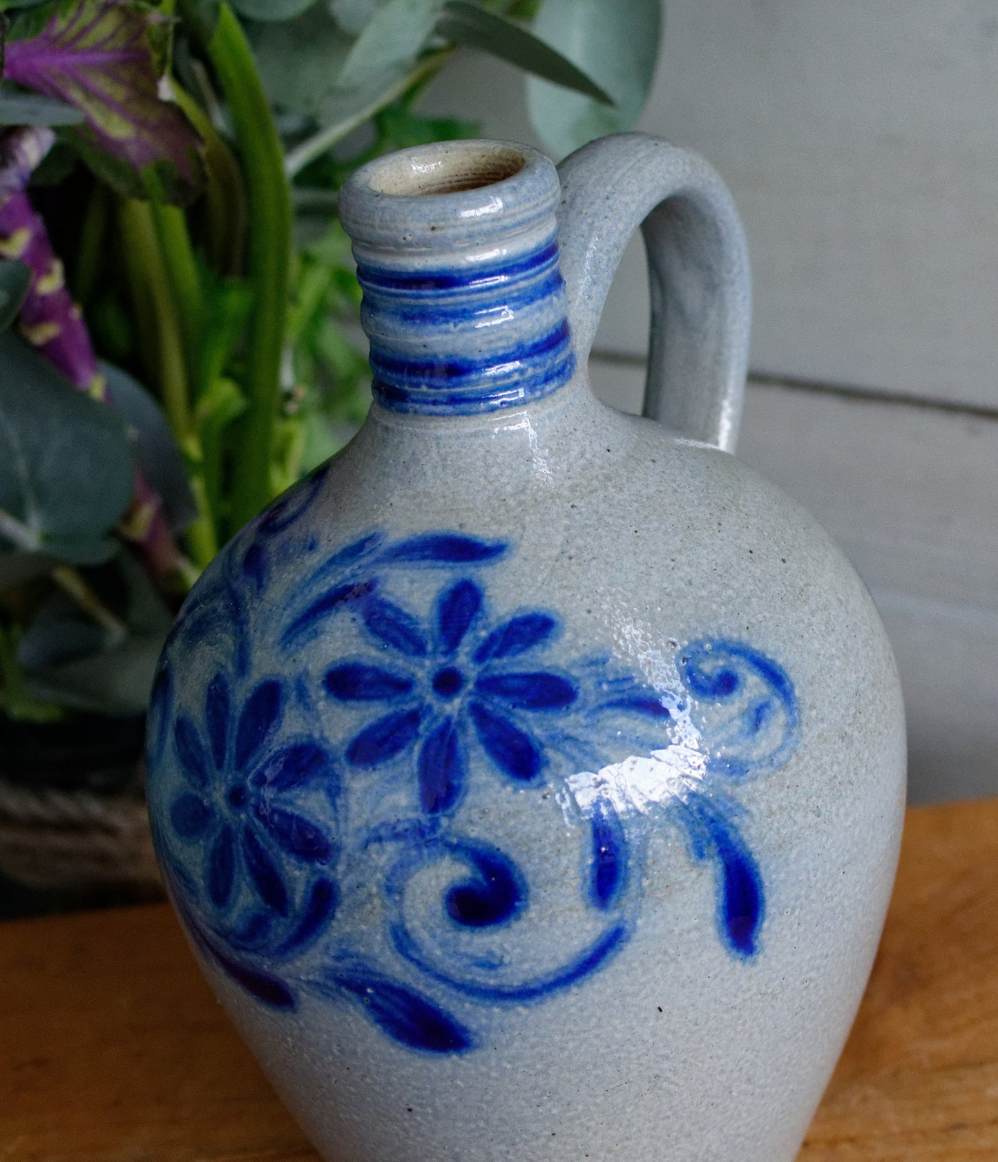 French Vintage Collectible Glazed Stoneware Pitcher "Pot Cruche Poterie Gres d'Alsace" Gray & Cobalt Blue Salt Glazed Sandstone