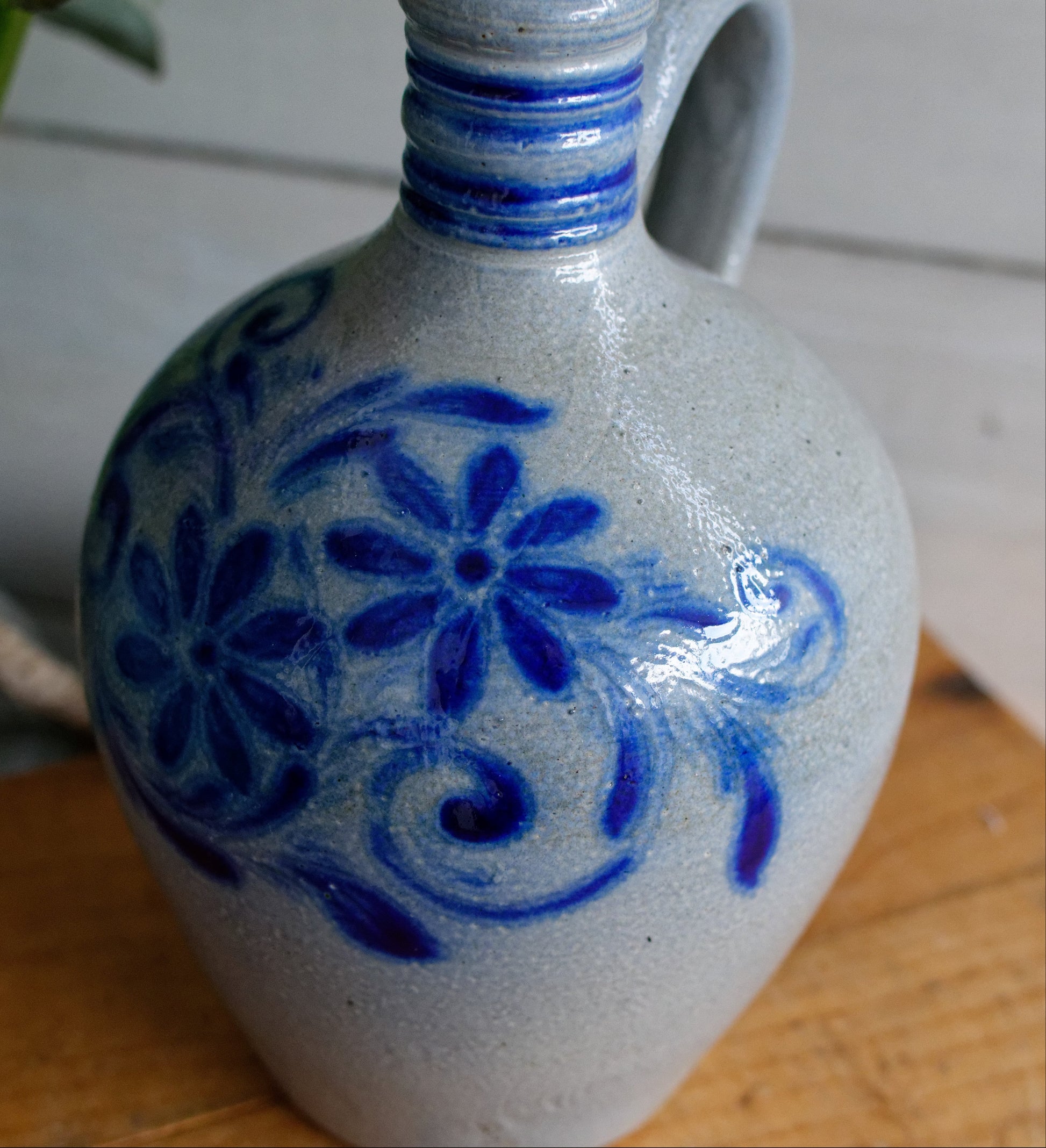 French Vintage Collectible Glazed Stoneware Pitcher "Pot Cruche Poterie Gres d'Alsace" Gray & Cobalt Blue Salt Glazed Sandstone