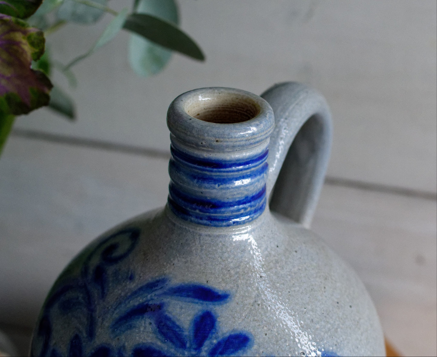French Vintage Collectible Glazed Stoneware Pitcher "Pot Cruche Poterie Gres d'Alsace" Gray & Cobalt Blue Salt Glazed Sandstone