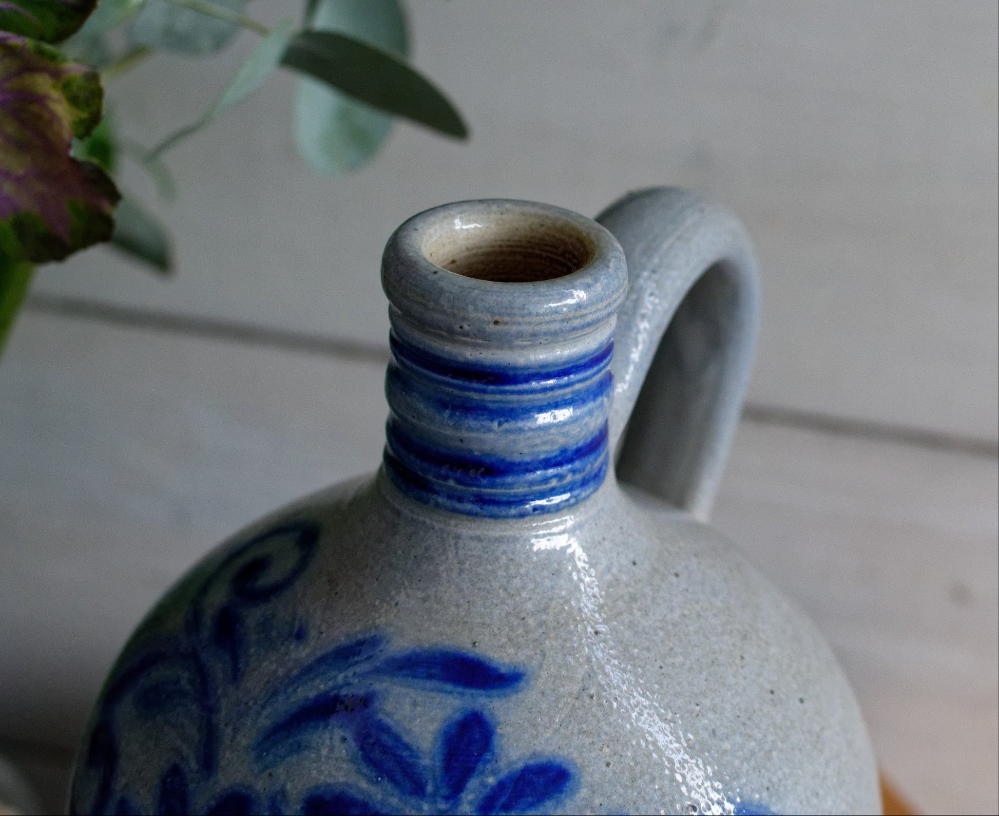 French Vintage Collectible Glazed Stoneware Pitcher "Pot Cruche Poterie Gres d'Alsace" Gray & Cobalt Blue Salt Glazed Sandstone
