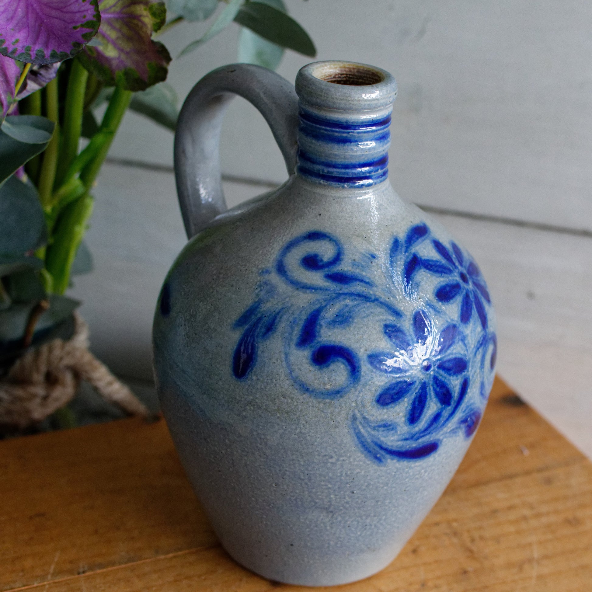 French Vintage Collectible Glazed Stoneware Pitcher "Pot Cruche Poterie Gres d'Alsace" Gray & Cobalt Blue Salt Glazed Sandstone