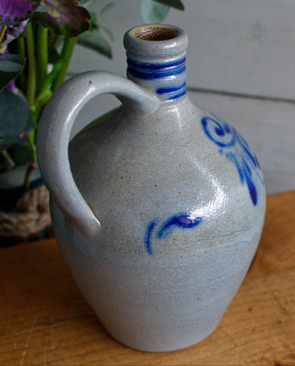 French Vintage Collectible Glazed Stoneware Pitcher "Pot Cruche Poterie Gres d'Alsace" Gray & Cobalt Blue Salt Glazed Sandstone