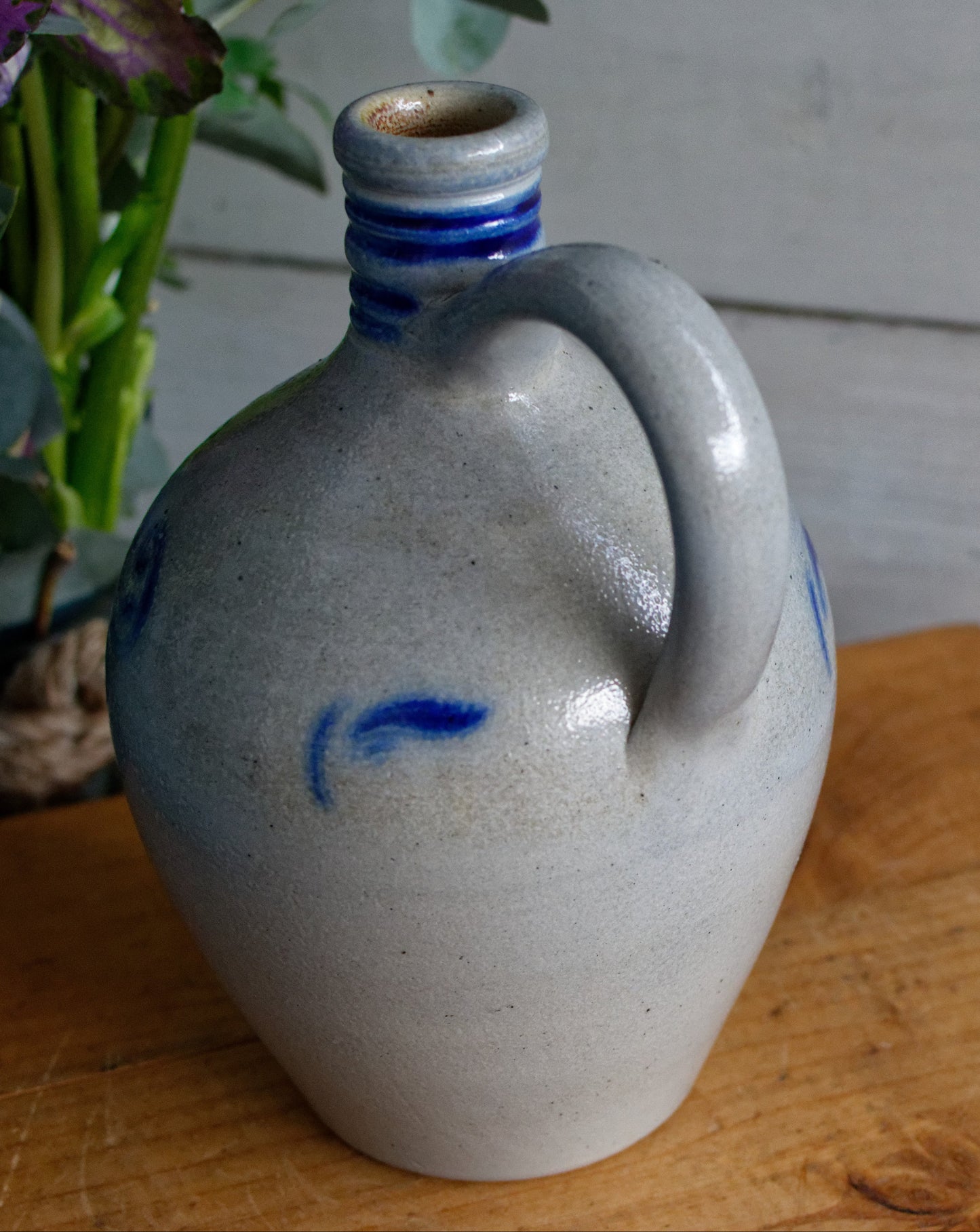 French Vintage Collectible Glazed Stoneware Pitcher "Pot Cruche Poterie Gres d'Alsace" Gray & Cobalt Blue Salt Glazed Sandstone