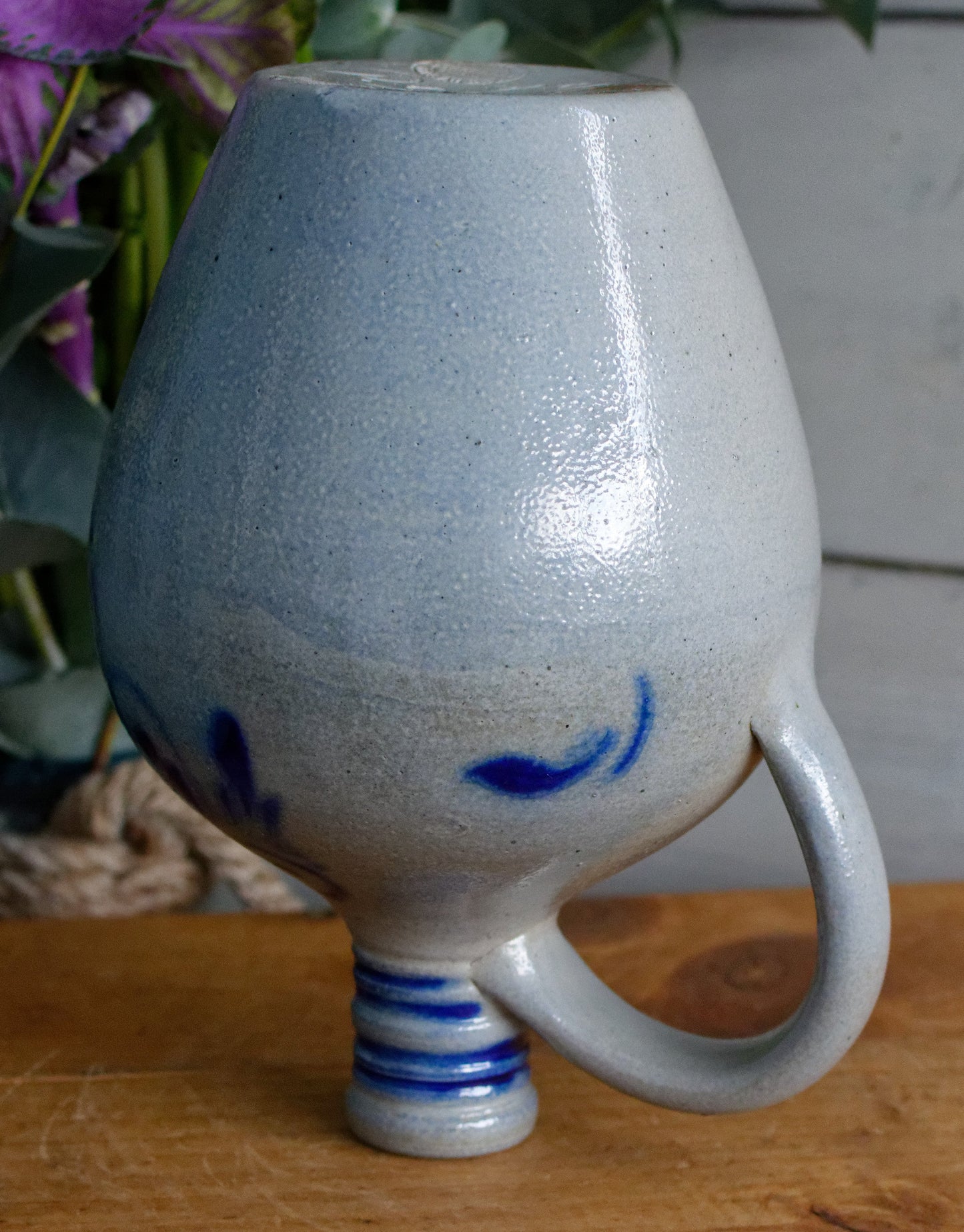 French Vintage Collectible Glazed Stoneware Pitcher "Pot Cruche Poterie Gres d'Alsace" Gray & Cobalt Blue Salt Glazed Sandstone