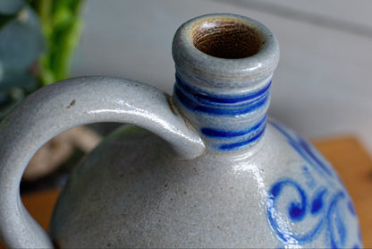 French Vintage Collectible Glazed Stoneware Pitcher "Pot Cruche Poterie Gres d'Alsace" Gray & Cobalt Blue Salt Glazed Sandstone