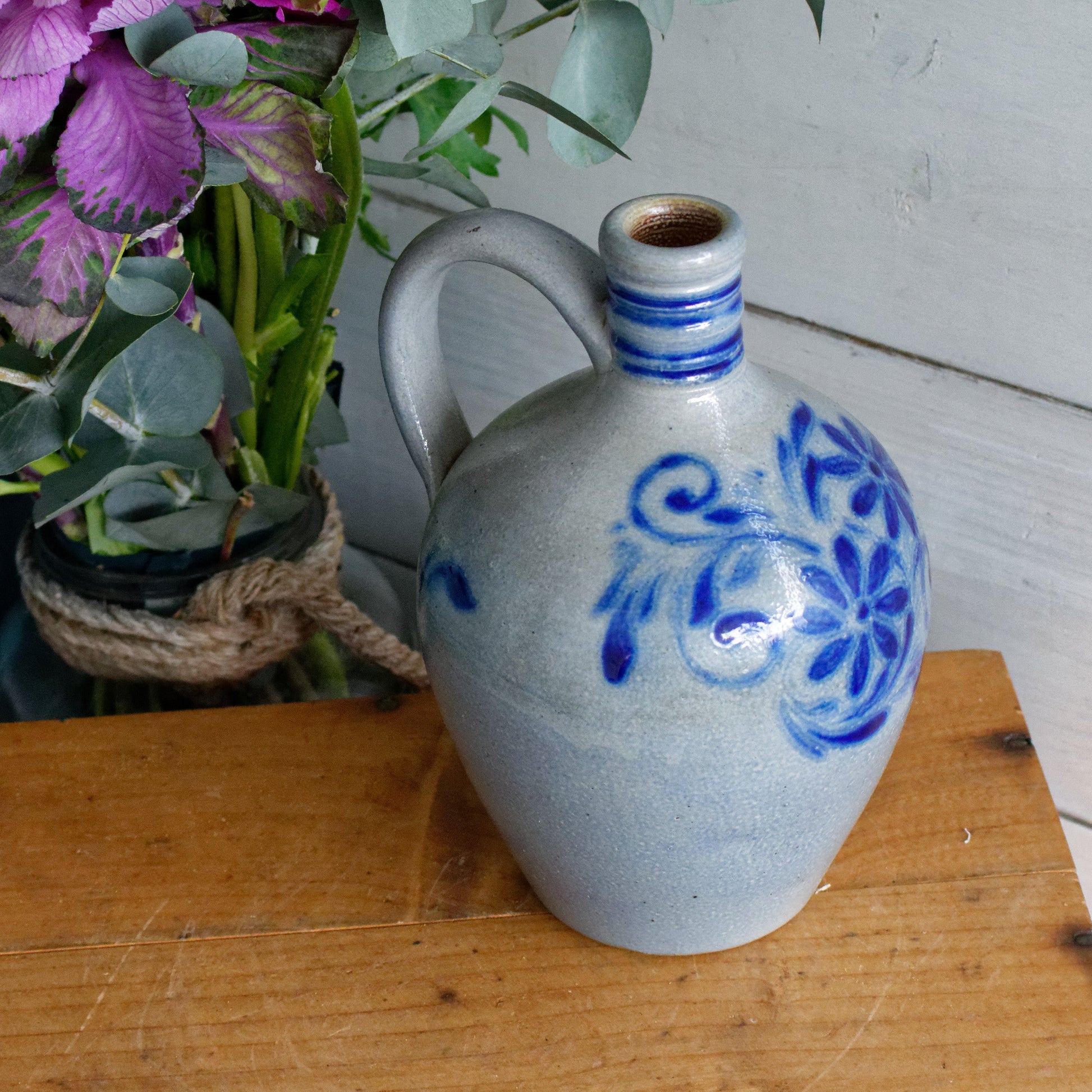 French Vintage Collectible Glazed Stoneware Pitcher "Pot Cruche Poterie Gres d'Alsace" Gray & Cobalt Blue Salt Glazed Sandstone