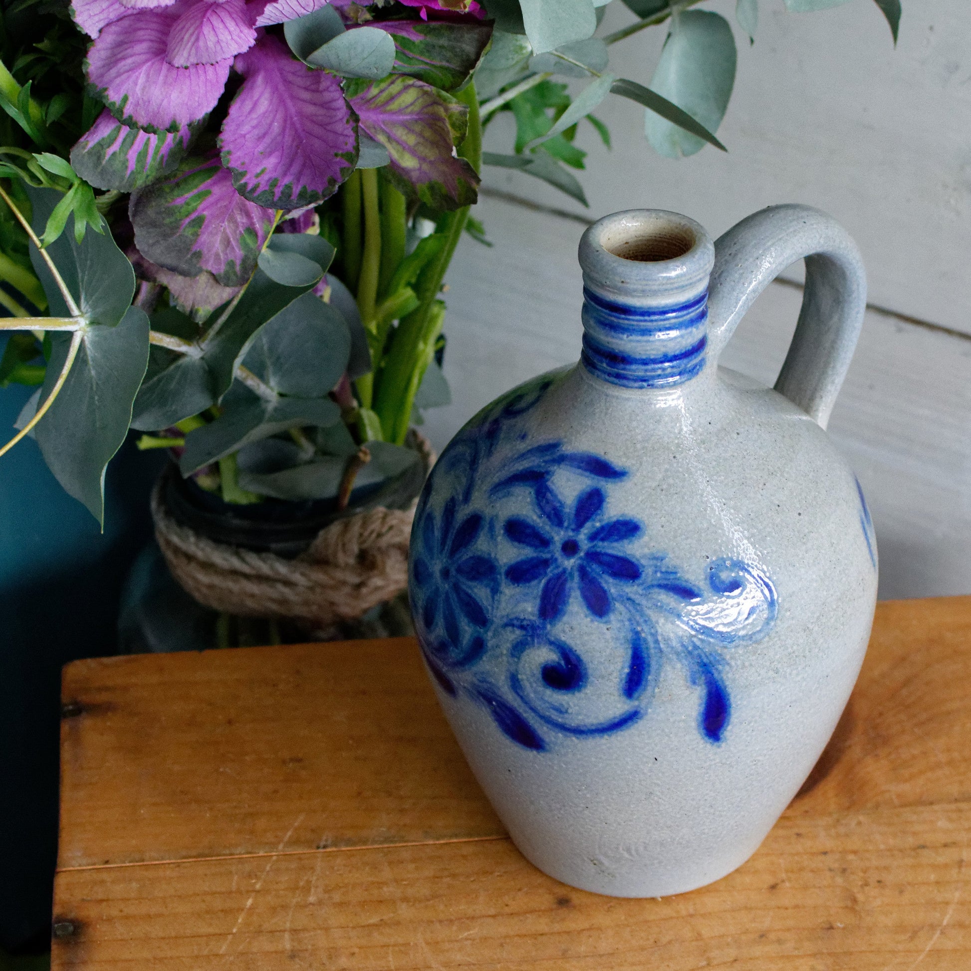 French Vintage Collectible Glazed Stoneware Pitcher "Pot Cruche Poterie Gres d'Alsace" Gray & Cobalt Blue Salt Glazed Sandstone
