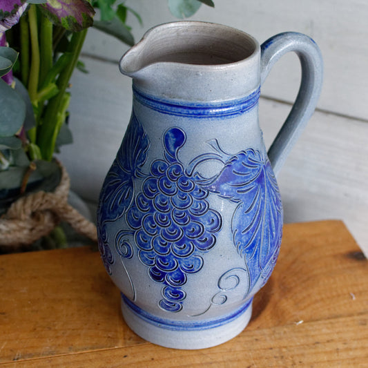 French Vintage Collectible Glazed Stoneware Pitcher "Pot Cruche Poterie Gres d'Alsace" 1 Litre Signed R.Remmy Fils BETSCHDORF 1988 Gray & Cobalt Blue Salt Glazed Sandstone