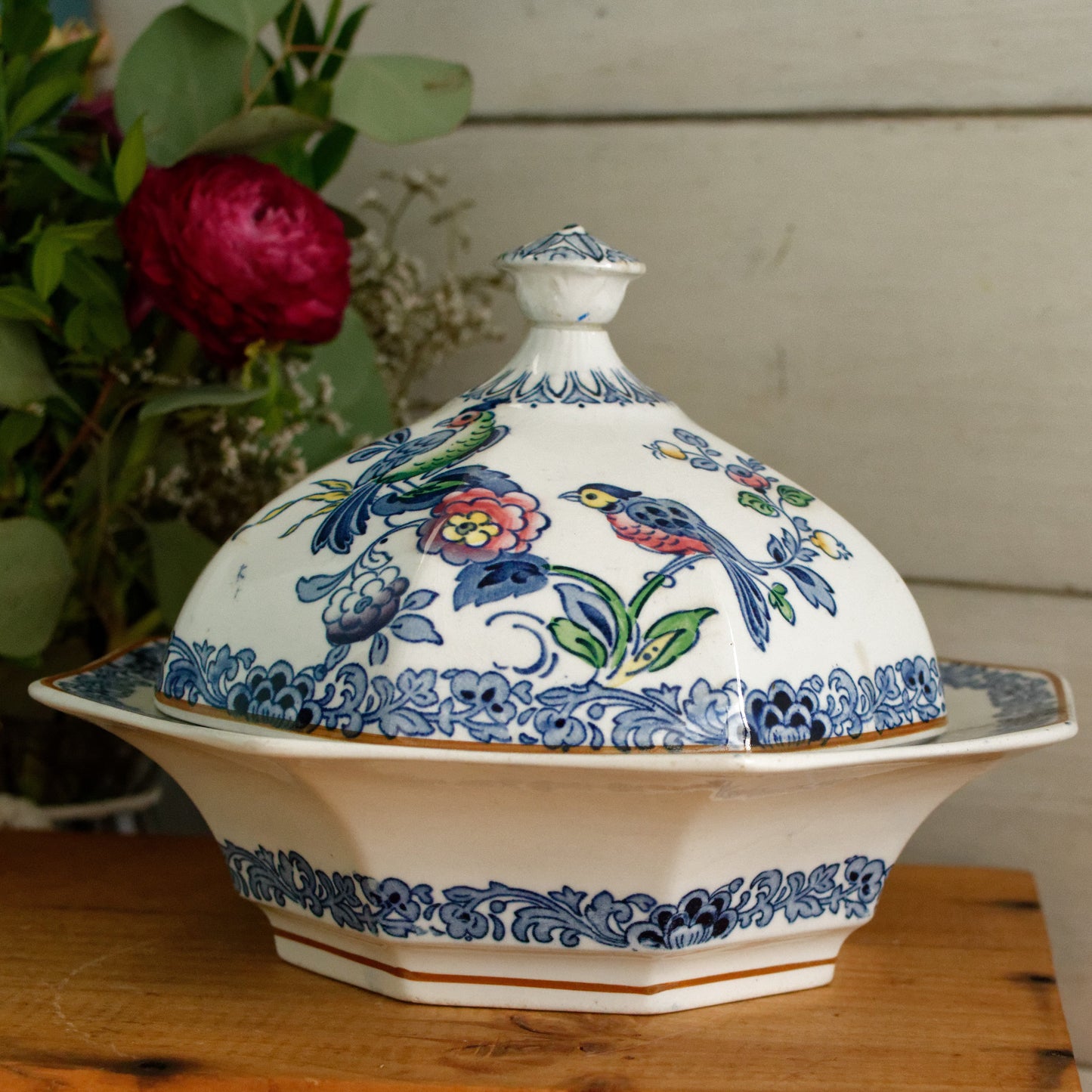 BOOTHs Silicon China Green Parrot Made in England English Antique Patented Ironstone Polychome Soup Tureen Soupiere Fine China