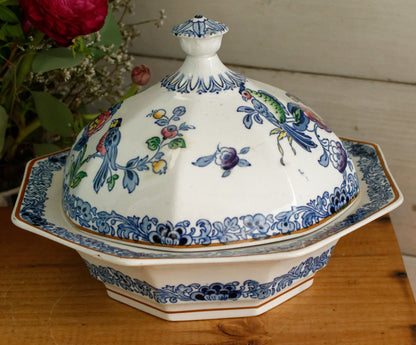 BOOTHs Silicon China Green Parrot Made in England English Antique Patented Ironstone Polychome Soup Tureen Soupiere Fine China