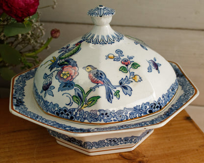 BOOTHs Silicon China Green Parrot Made in England English Antique Patented Ironstone Polychome Soup Tureen Soupiere Fine China