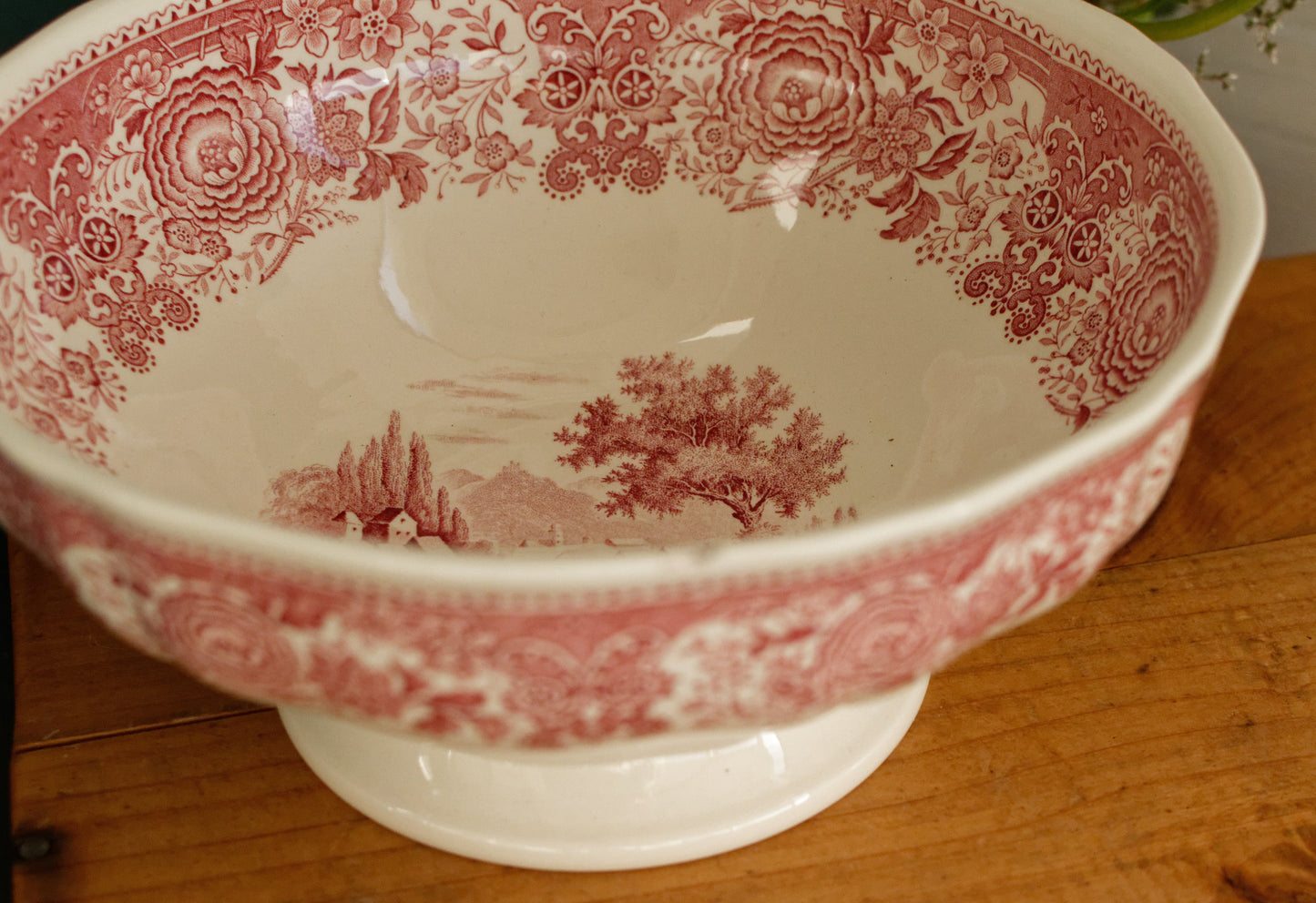 BURGENLAND VILLEROY & BOCH French German Vintage Hand Painted Ironstone RED Transferware Round Serving Bowl Bol Creux Terre de Fer Faience
