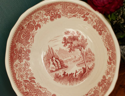 BURGENLAND VILLEROY & BOCH French German Vintage Hand Painted Ironstone RED Transferware Round Serving Bowl Bol Creux Terre de Fer Faience