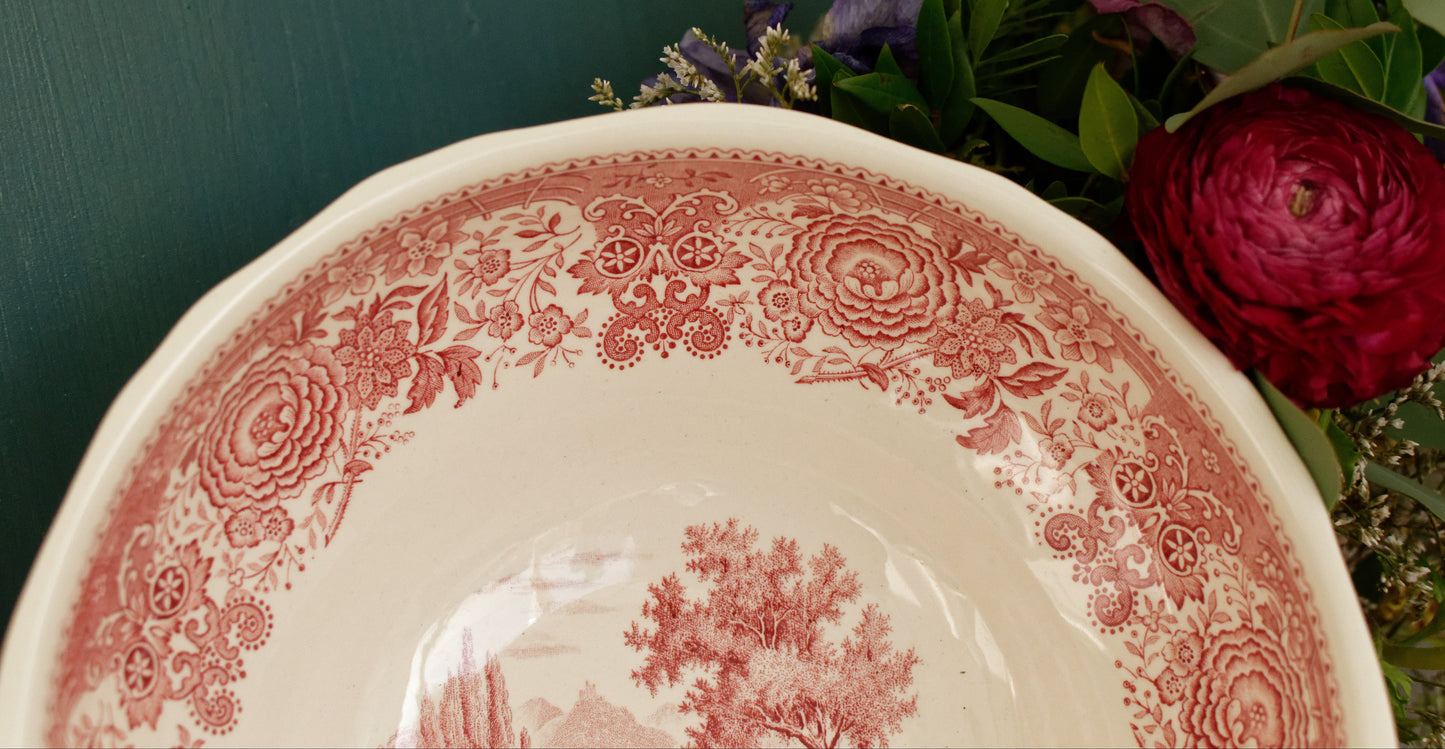 BURGENLAND VILLEROY & BOCH French German Vintage Hand Painted Ironstone RED Transferware Round Serving Bowl Bol Creux Terre de Fer Faience
