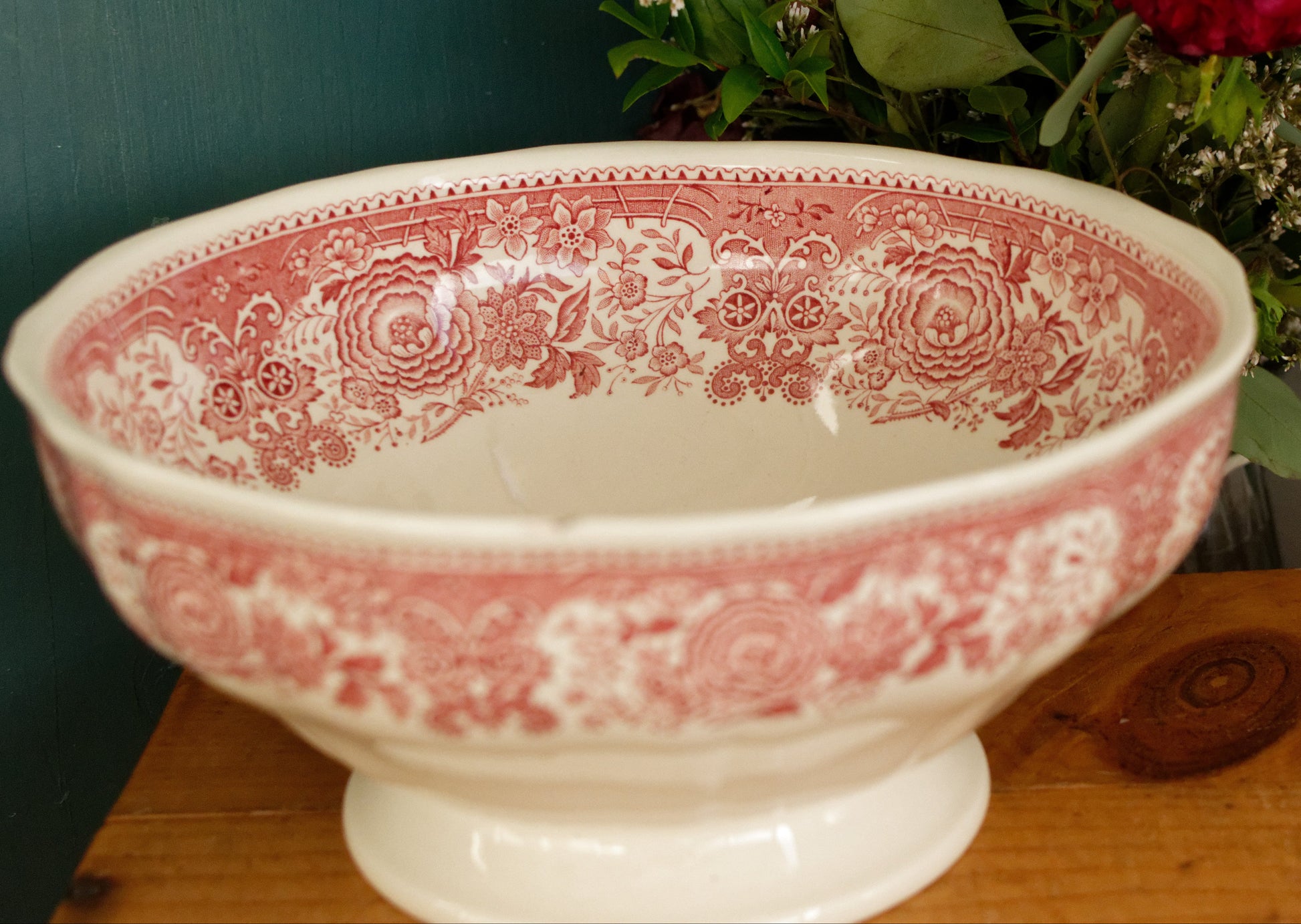 BURGENLAND VILLEROY & BOCH French German Vintage Hand Painted Ironstone RED Transferware Round Serving Bowl Bol Creux Terre de Fer Faience