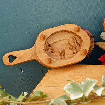 French Vintage Wooden Hand-Carved Butter Mold (Mould)  Farm Cow Scene Stamp Les Sculpteurs du Lac