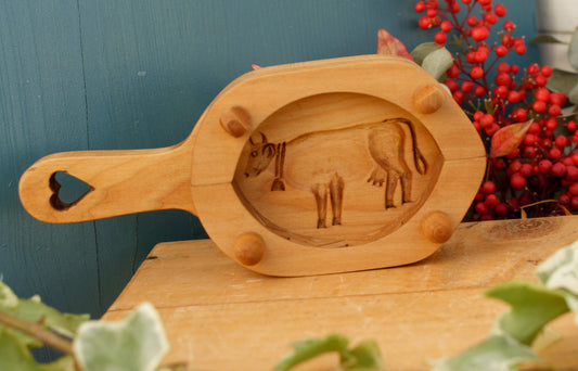 French Vintage Wooden Hand-Carved Butter Mold (Mould) Farm Cow Scene Stamp Les Sculpteurs du Lac