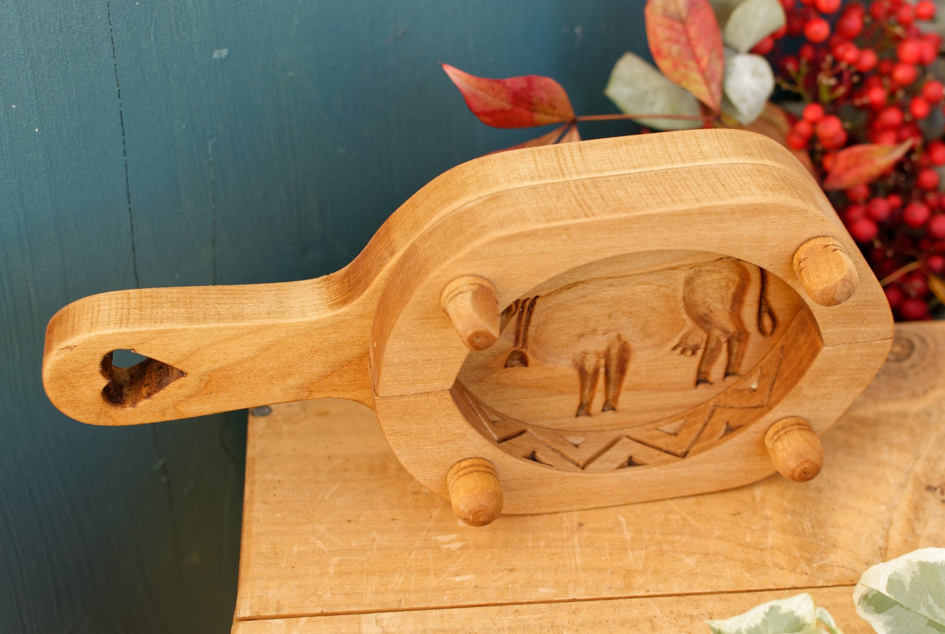 French Vintage Wooden Hand-Carved Butter Mold (Mould)  Farm Cow Scene Stamp Les Sculpteurs du Lac
