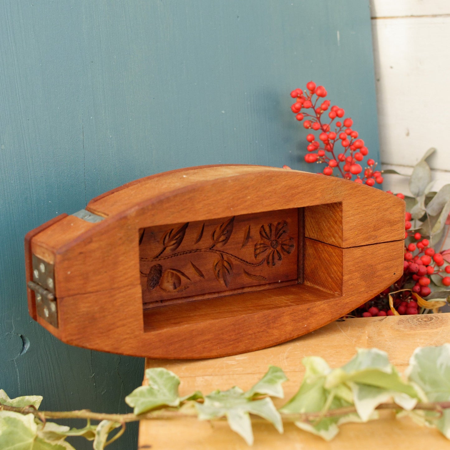 French Vintage Wooden Hand-Carved Butter Mold (Mould) Medium Stamp Leave Design