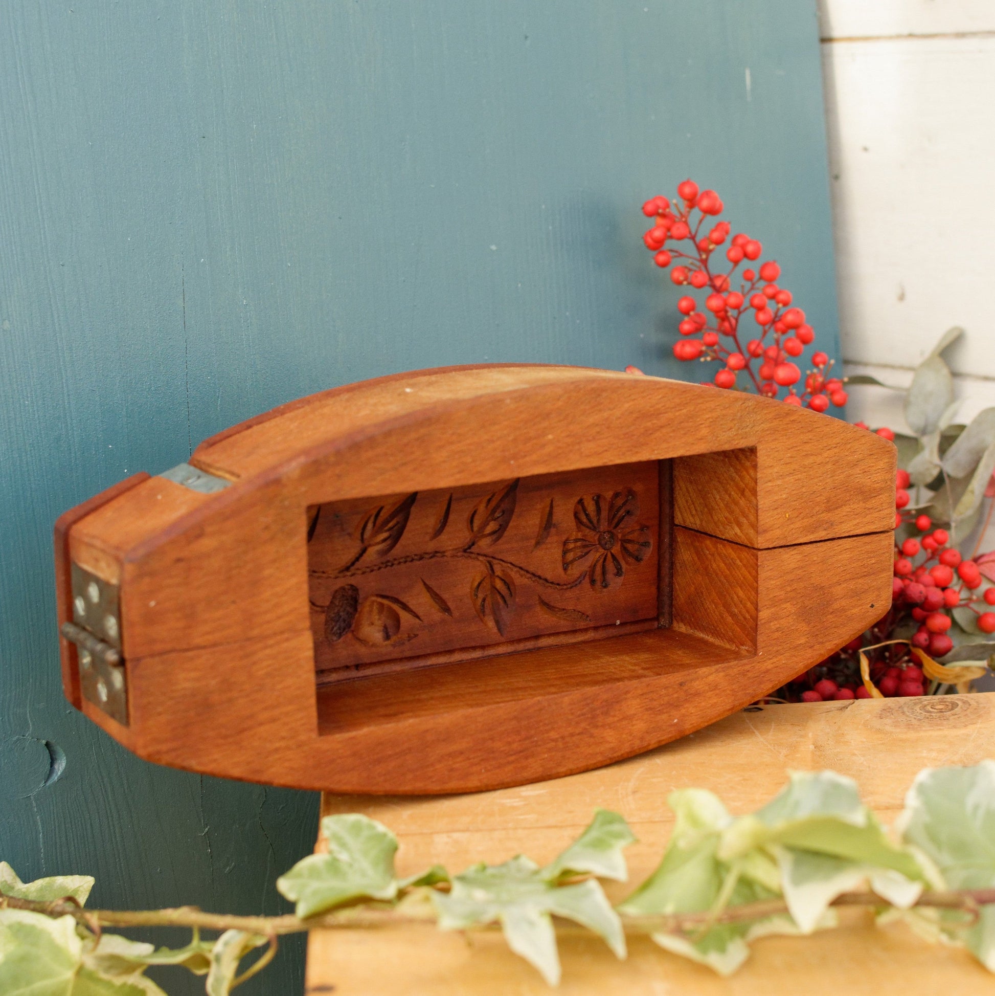 French Vintage Wooden Hand-Carved Butter Mold (Mould) Medium Stamp Leave Design
