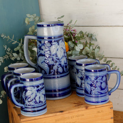 Beer Mugs Steins & Pitcher Set in Cobalt Blue Chope à Bière et Pichet Gres d'Alsace Krumeich Remmy BETSCHDORF Leaves & Grapes