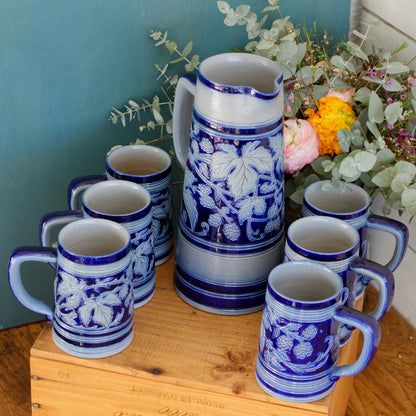 Beer Mugs Steins & Pitcher Set in Cobalt Blue Chope à Bière et Pichet Gres d'Alsace Krumeich Remmy BETSCHDORF Leaves & Grapes