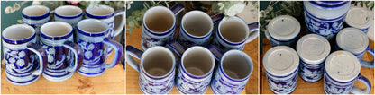 Beer Mugs Steins & Pitcher Set in Cobalt Blue Chope à Bière et Pichet Gres d'Alsace Krumeich Remmy BETSCHDORF Leaves & Grapes