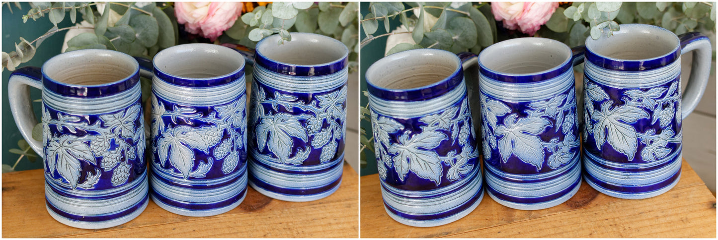 Beer Mugs Steins & Pitcher Set in Cobalt Blue Chope à Bière et Pichet Gres d'Alsace Krumeich Remmy BETSCHDORF Leaves & Grapes