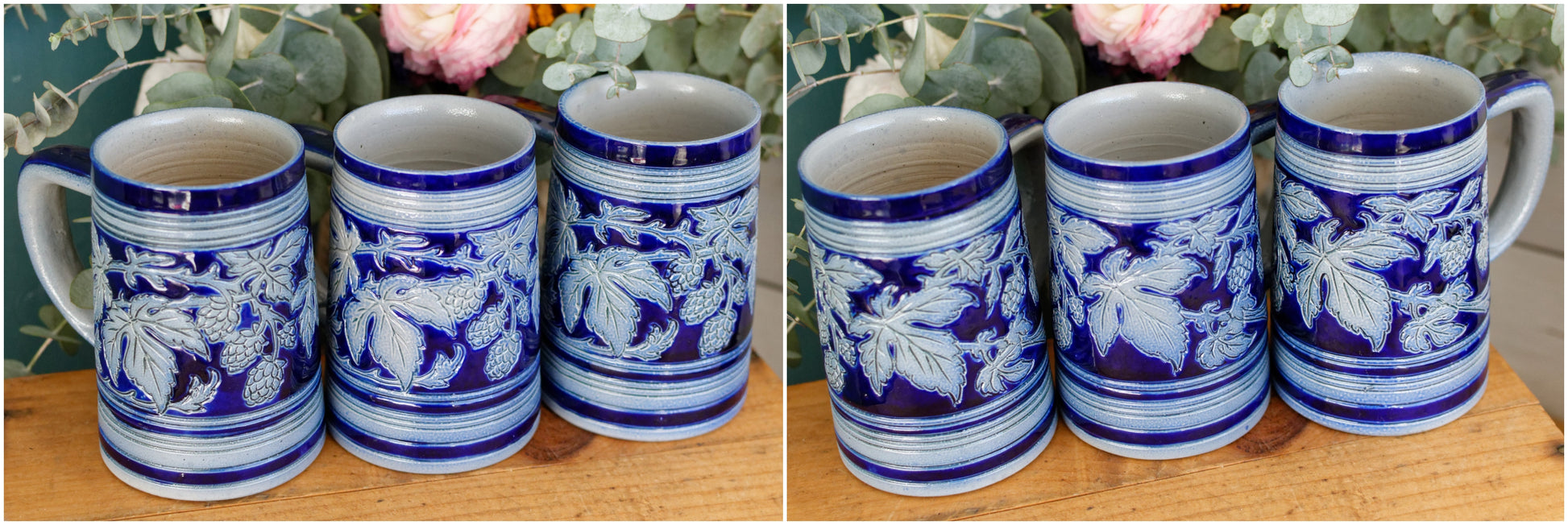Beer Mugs Steins & Pitcher Set in Cobalt Blue Chope à Bière et Pichet Gres d'Alsace Krumeich Remmy BETSCHDORF Leaves & Grapes