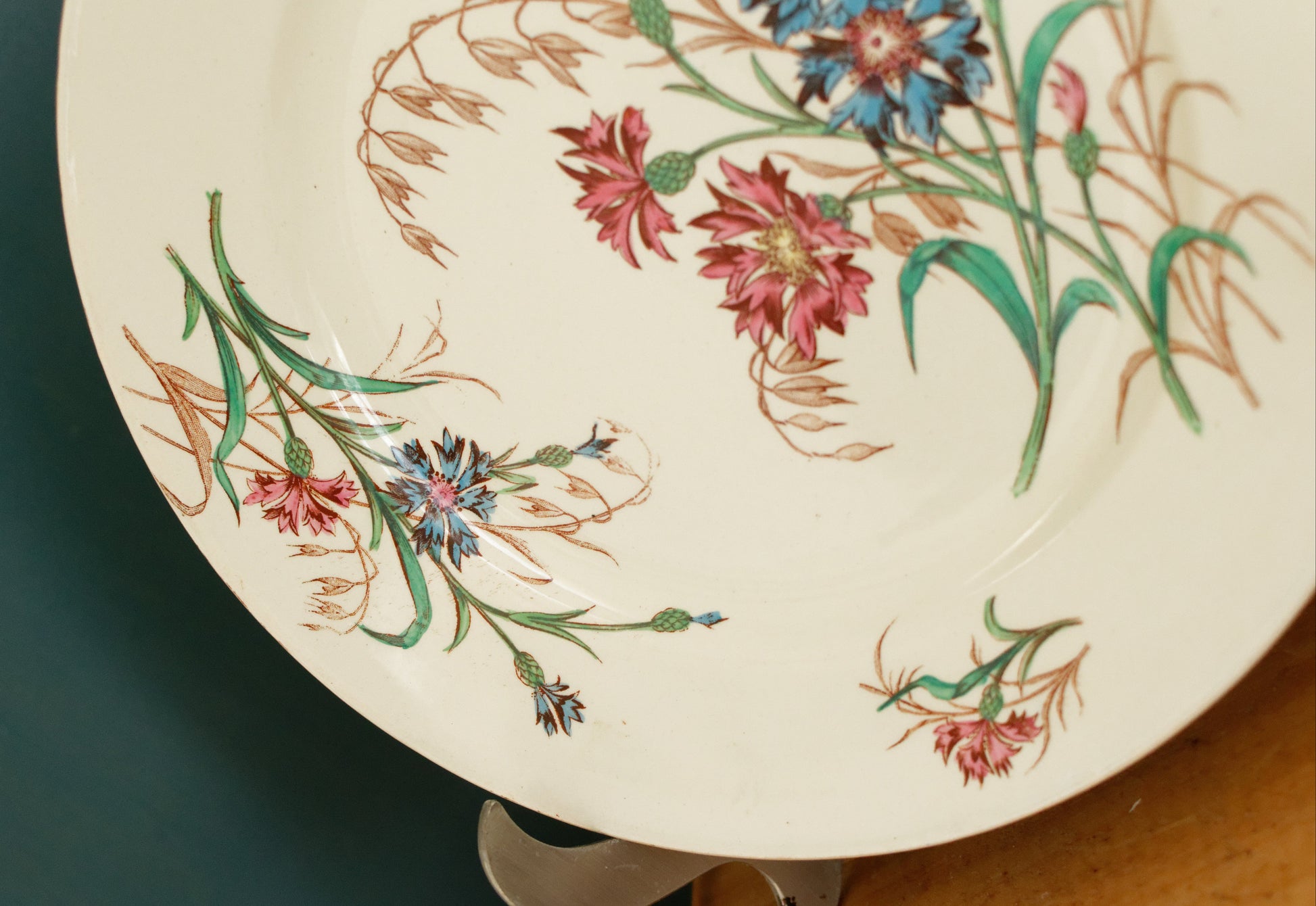 BLEUET K&G (Keller et Guérin) Lunéville French Antique Ironstone Polychrome Dinner Plate Terre de Fer en Faience