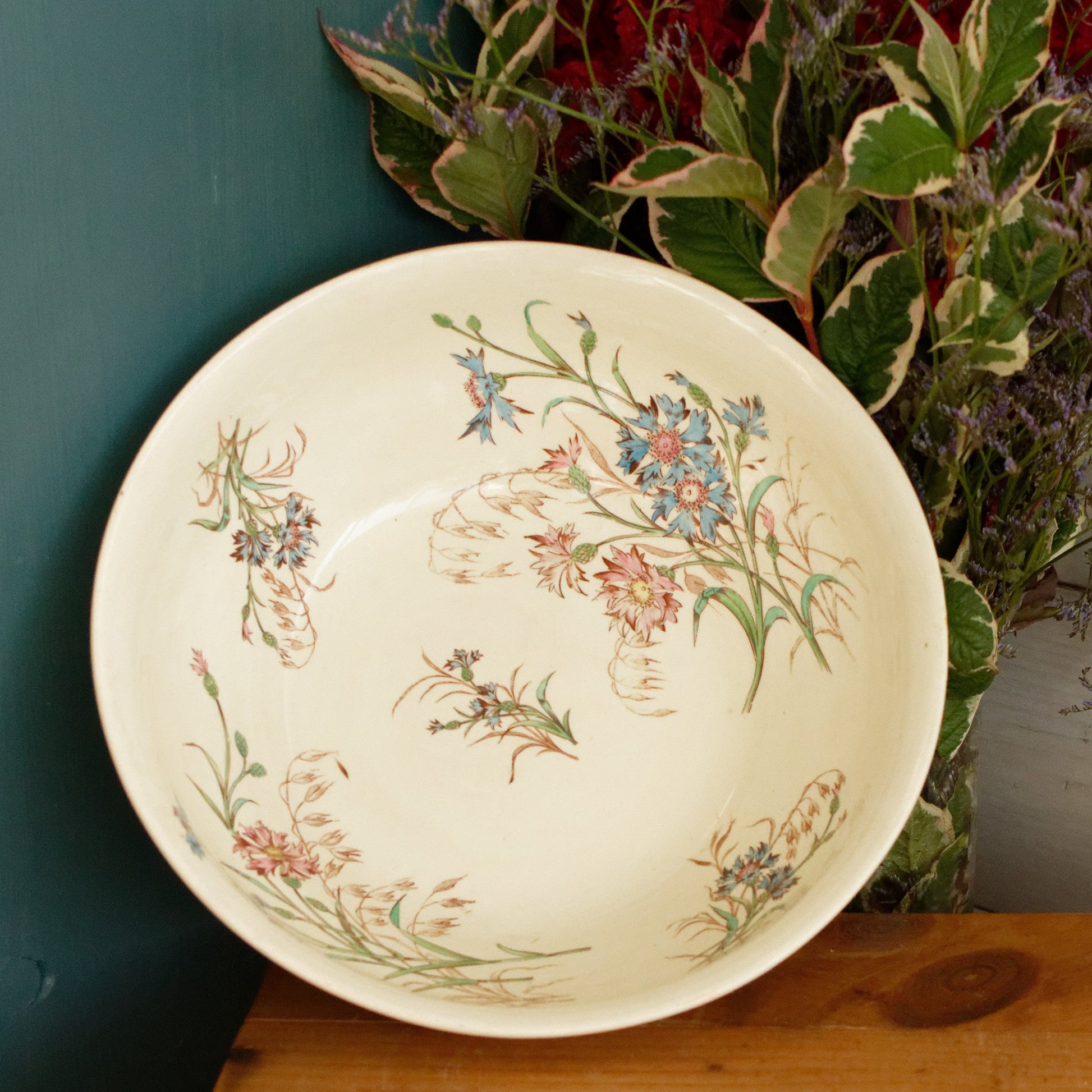 BLEUET K&G (Keller et Guérin) Lunéville French Antique Ironstone Polychrome Serving Bowl Terre de Fer en Faience