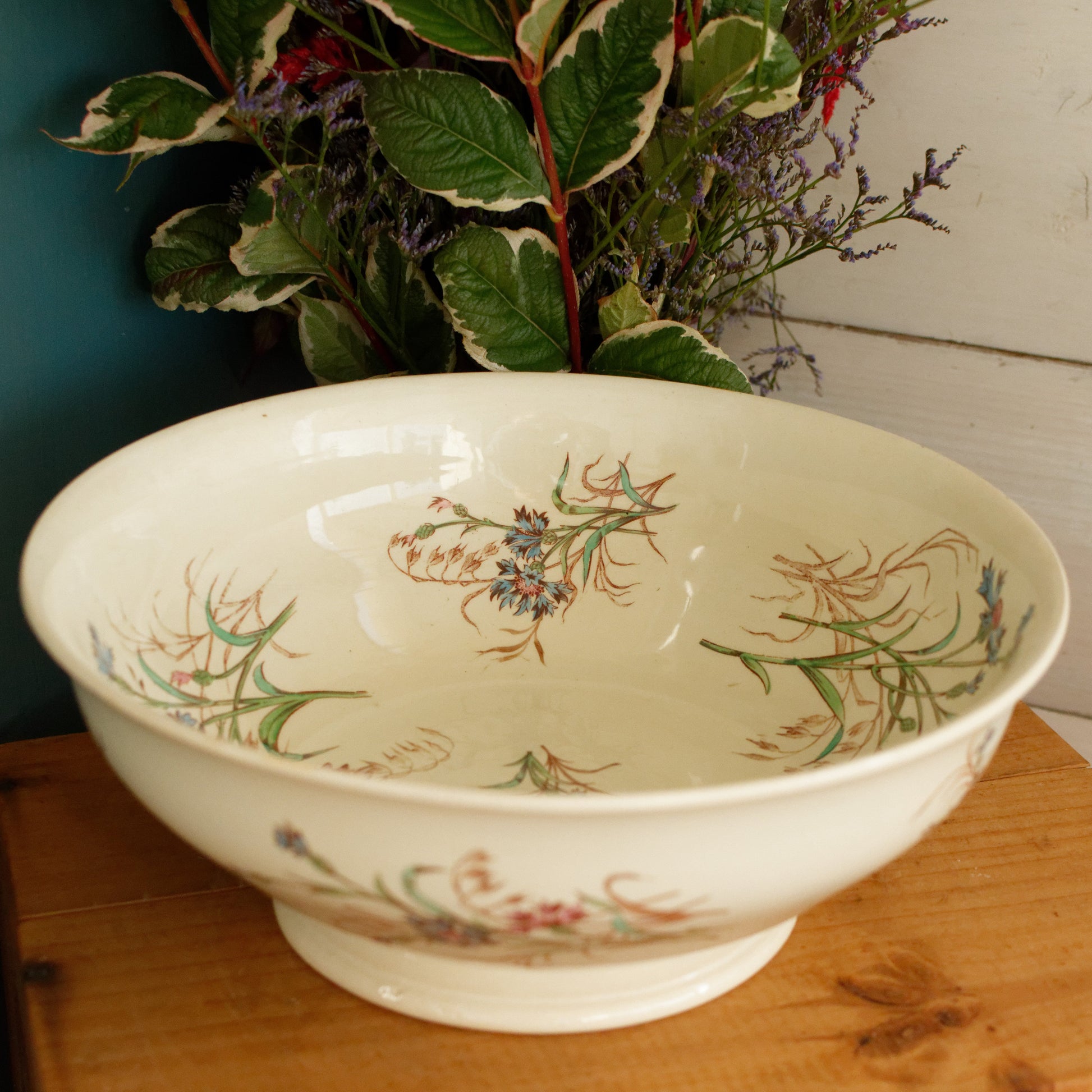BLEUET K&G (Keller et Guérin) Lunéville French Antique Ironstone Polychrome Serving Bowl Terre de Fer en Faience