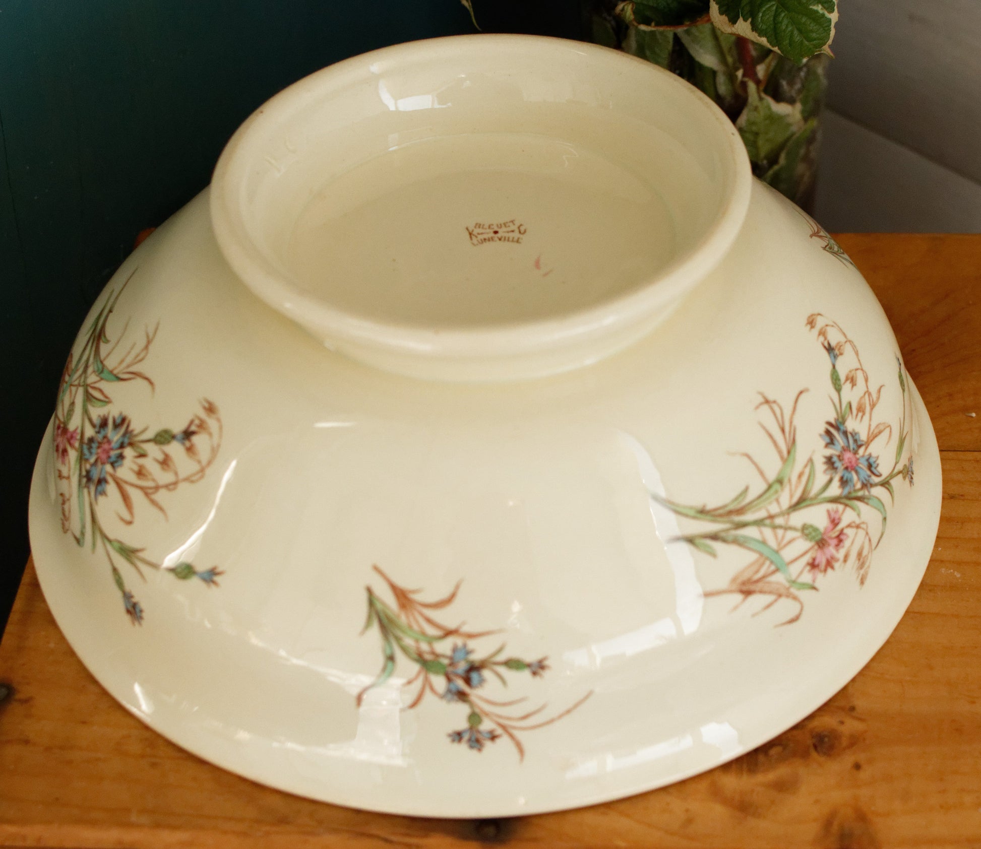 BLEUET K&G (Keller et Guérin) Lunéville French Antique Ironstone Polychrome Serving Bowl Terre de Fer en Faience