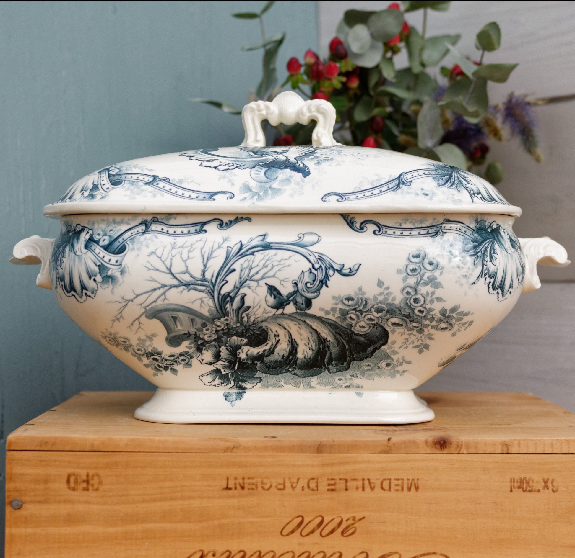 HIPPOLYTE Style HB & Cie Boulenger French Antique Ironstone Blue Transferware Vegetable Dish Légumière Terre de Fer