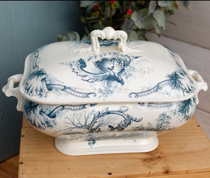 HIPPOLYTE Style HB & Cie Boulenger French Antique Ironstone Blue Transferware Vegetable Dish Légumière Terre de Fer