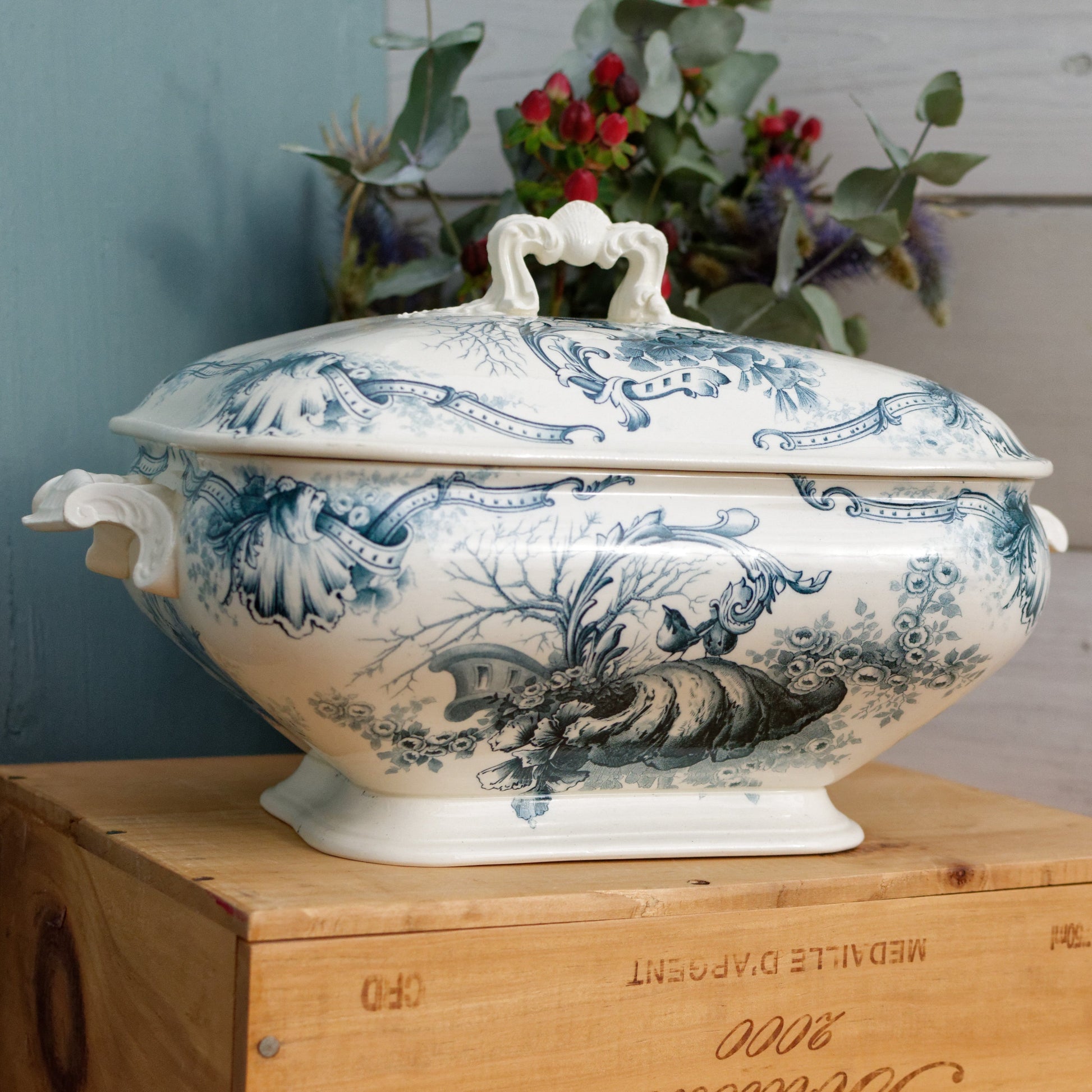 HIPPOLYTE Style HB & Cie Boulenger French Antique Ironstone Blue Transferware Vegetable Dish Légumière Terre de Fer